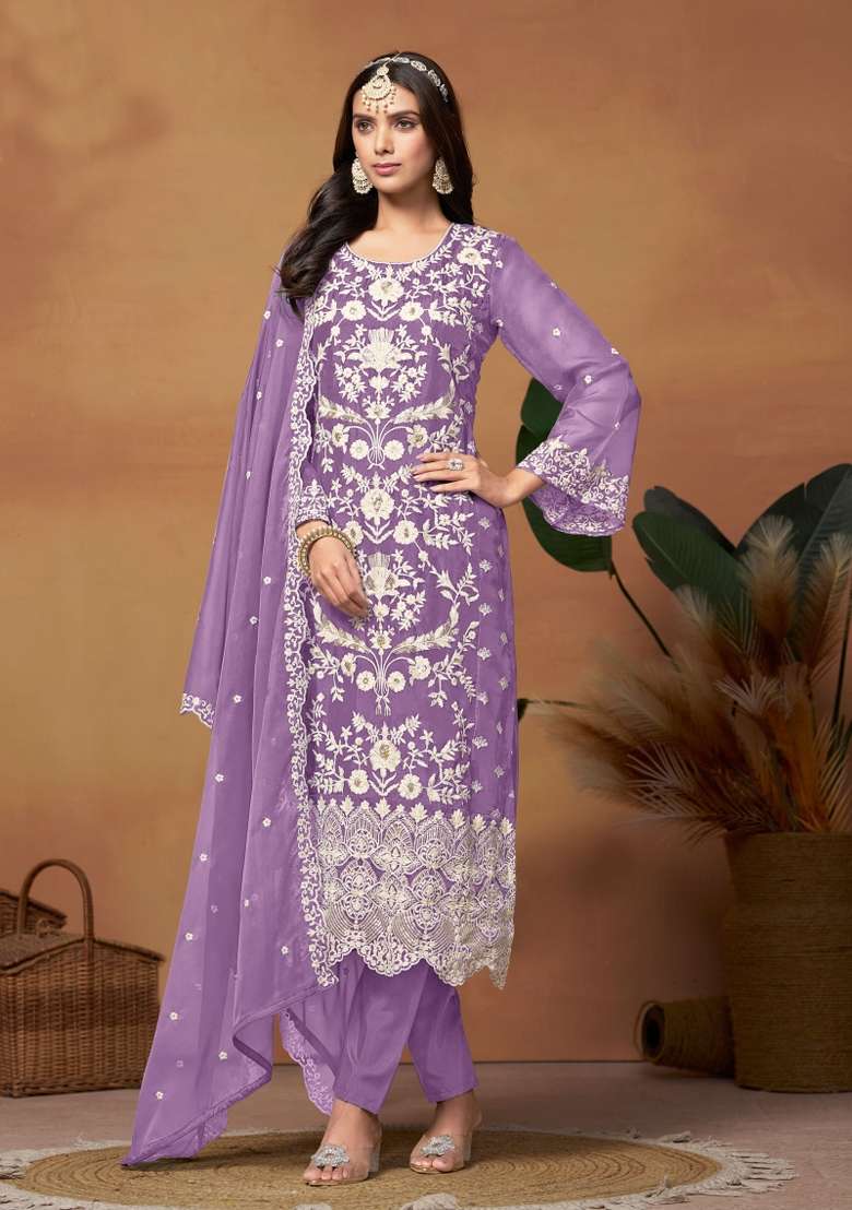 Lavender Embroidered Organza Punjabi Suit - Indya