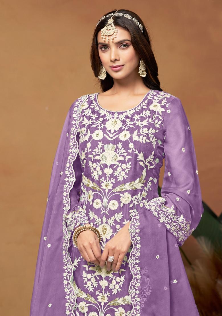 Lavender Embroidered Organza Salwar Kameez With Dupatta