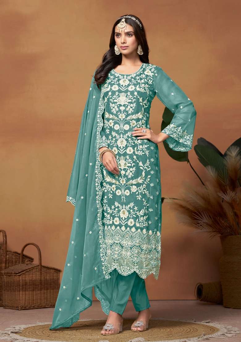Turquoise Embroidered Organza Salwar Kameez With Dupatta - Indya