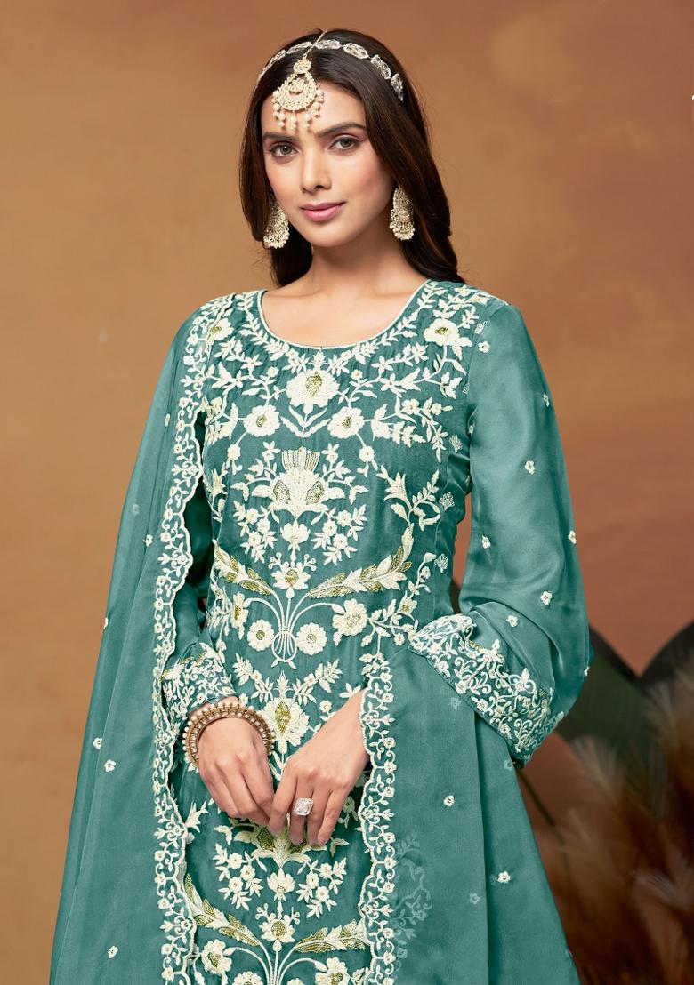 Turquoise Embroidered Organza Salwar Kameez With Dupatta