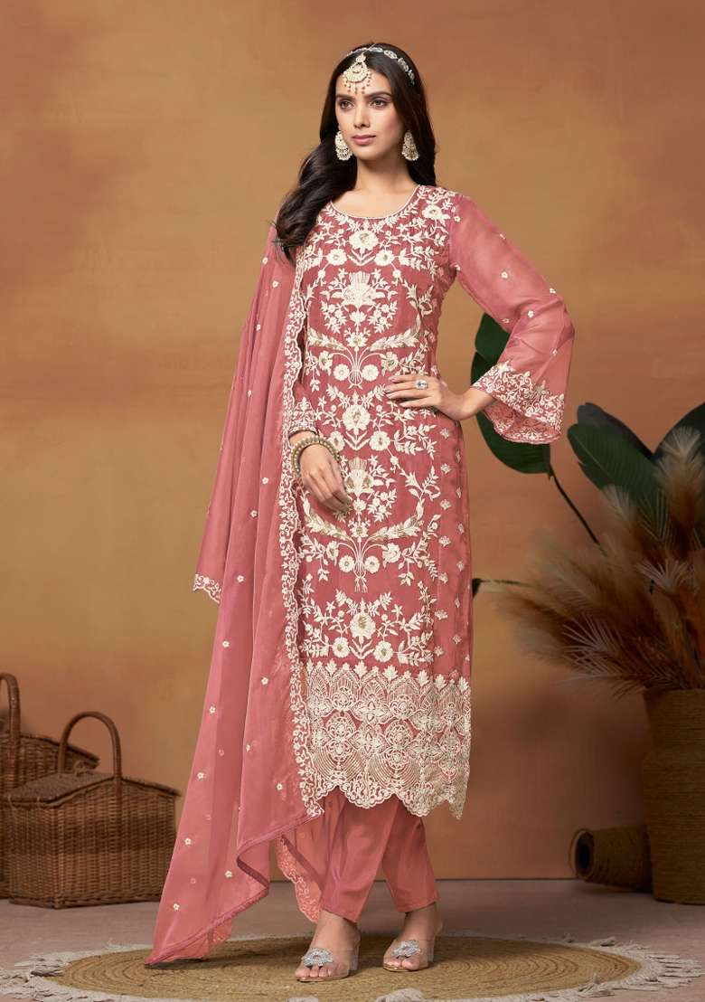 Rose Gold Embroidered Organza Punjabi Suit - Indya