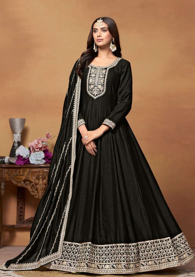 Black Embroidered Silk Blend Anarkali Set - Indya