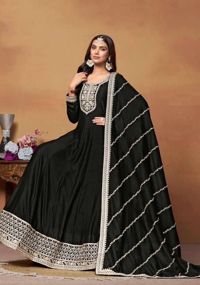 Black Embroidered Art Silk Salwar Kameez With Dupatta