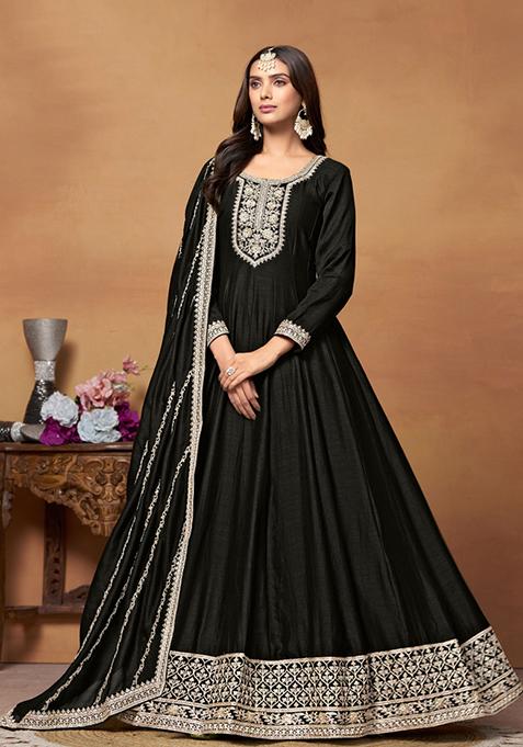 Black Embroidered Art Silk Salwar Kameez With Dupatta