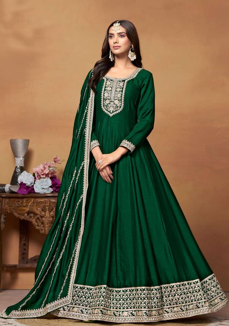 Green Embroidered Silk Blend Anarkali Set - Indya