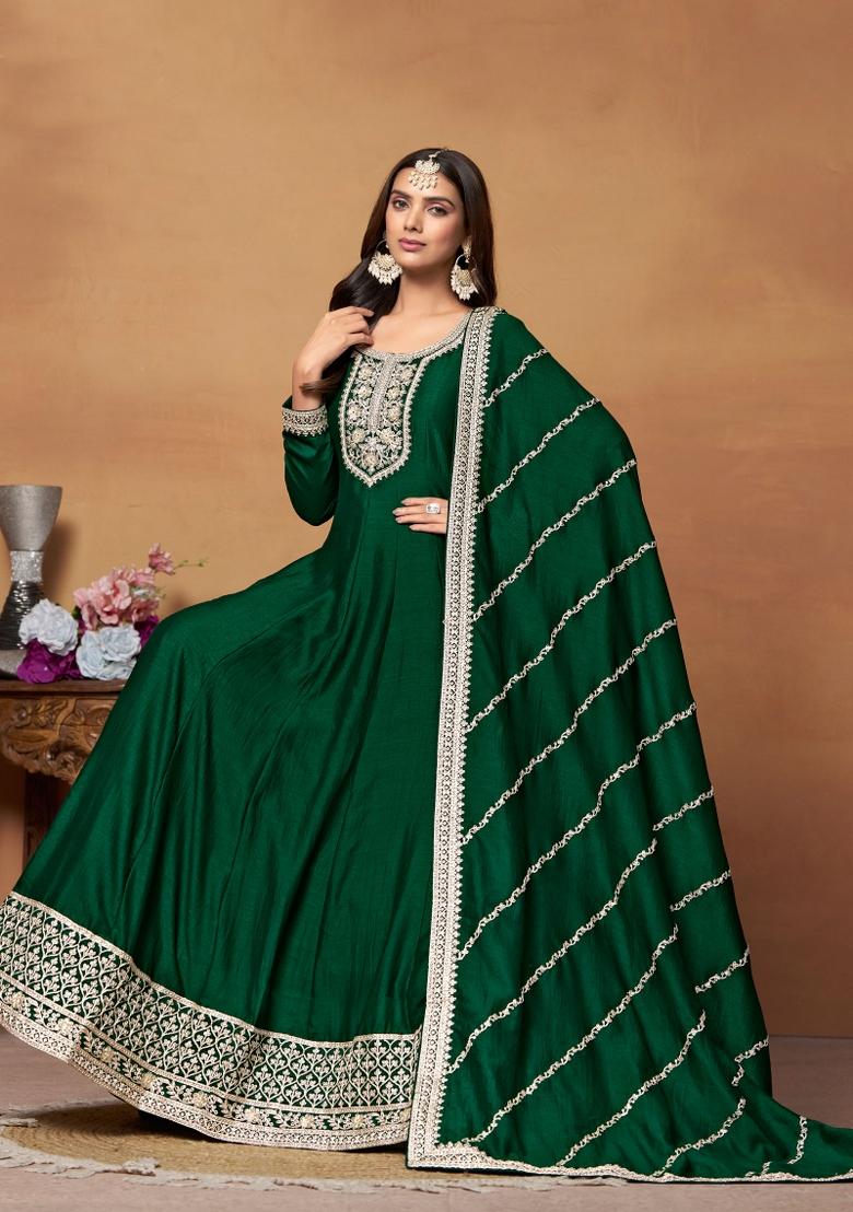 Green Embroidered Art Silk Anarkali Set With Dupatta