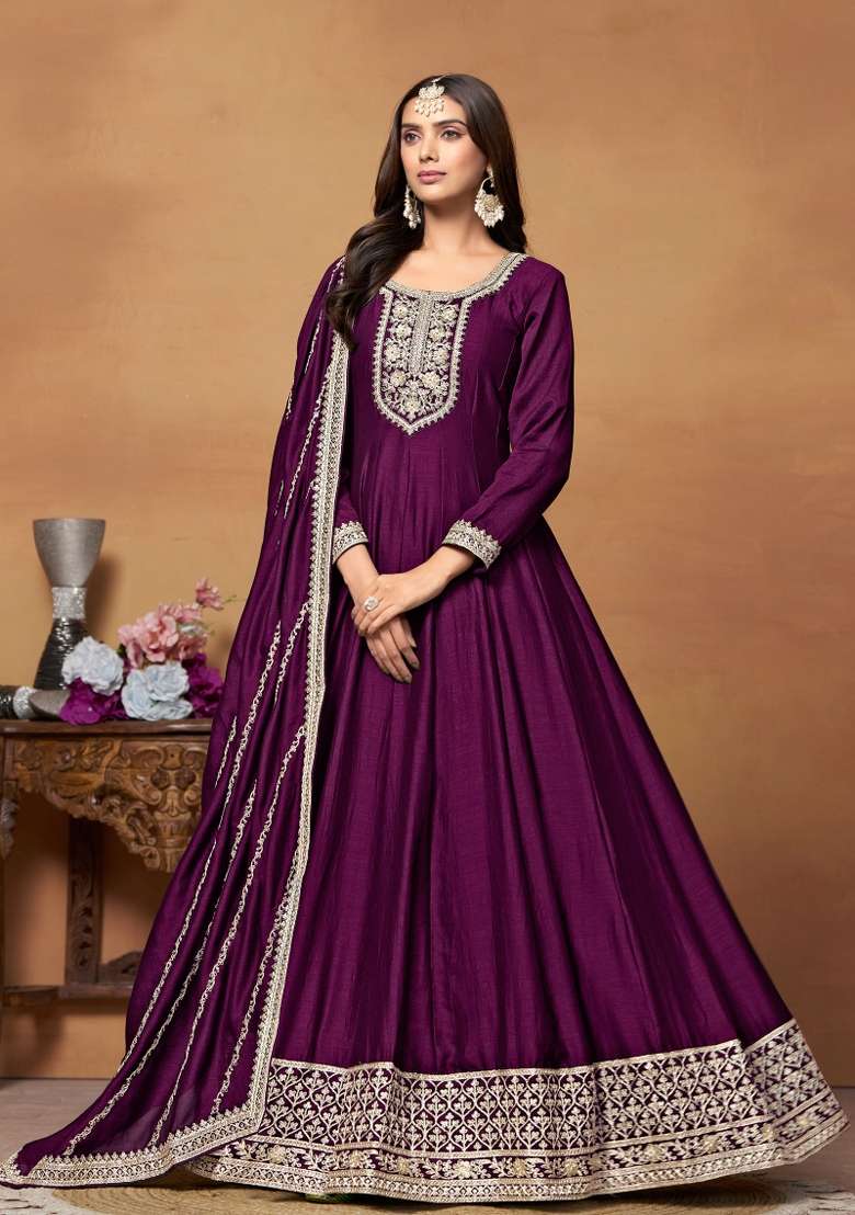Purple Embroidered Silk Blend Anarkali Set - Indya