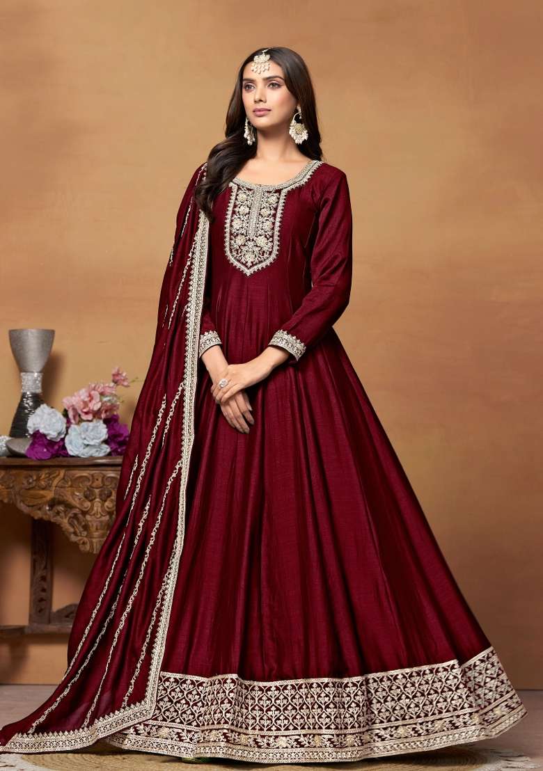 Maroon Embroidered Silk Blend Anarkali Set - Indya