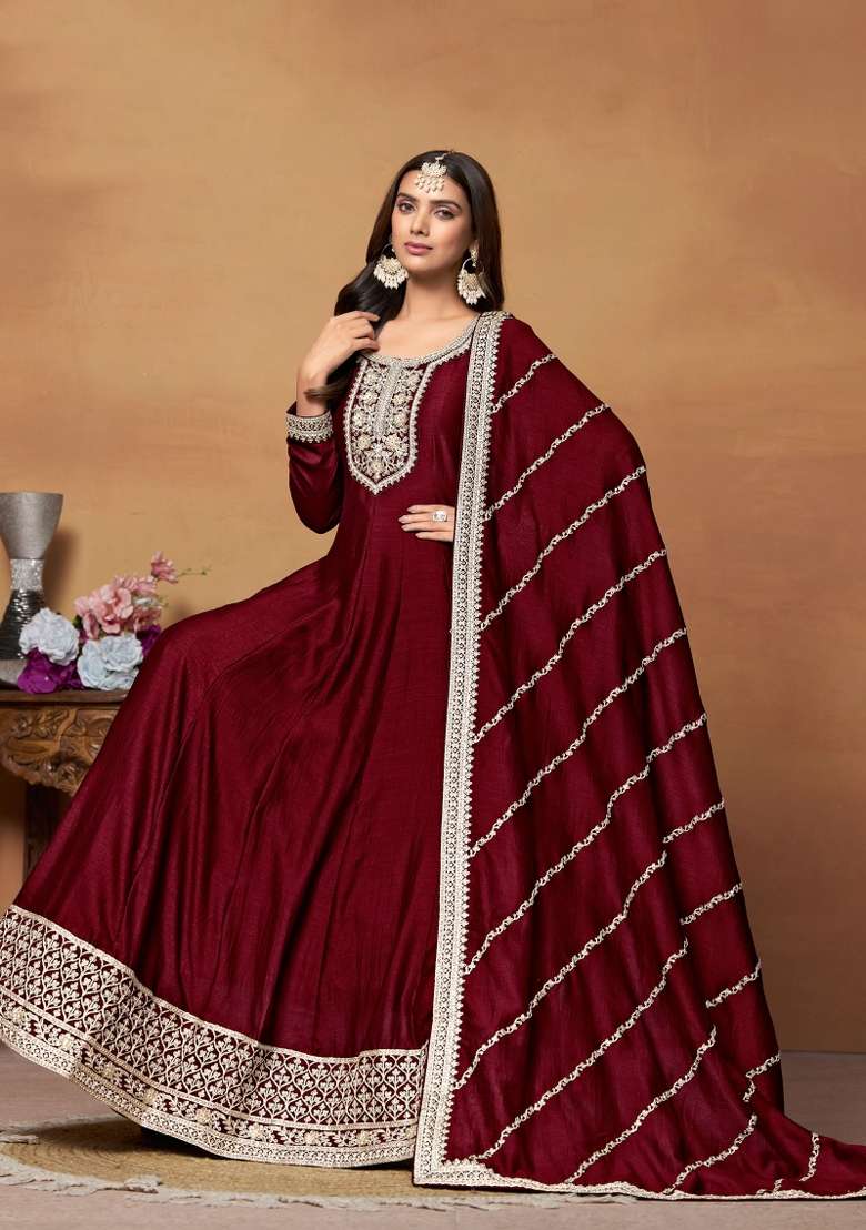 Maroon Embroidered Silk Blend Anarkali Set - Indya