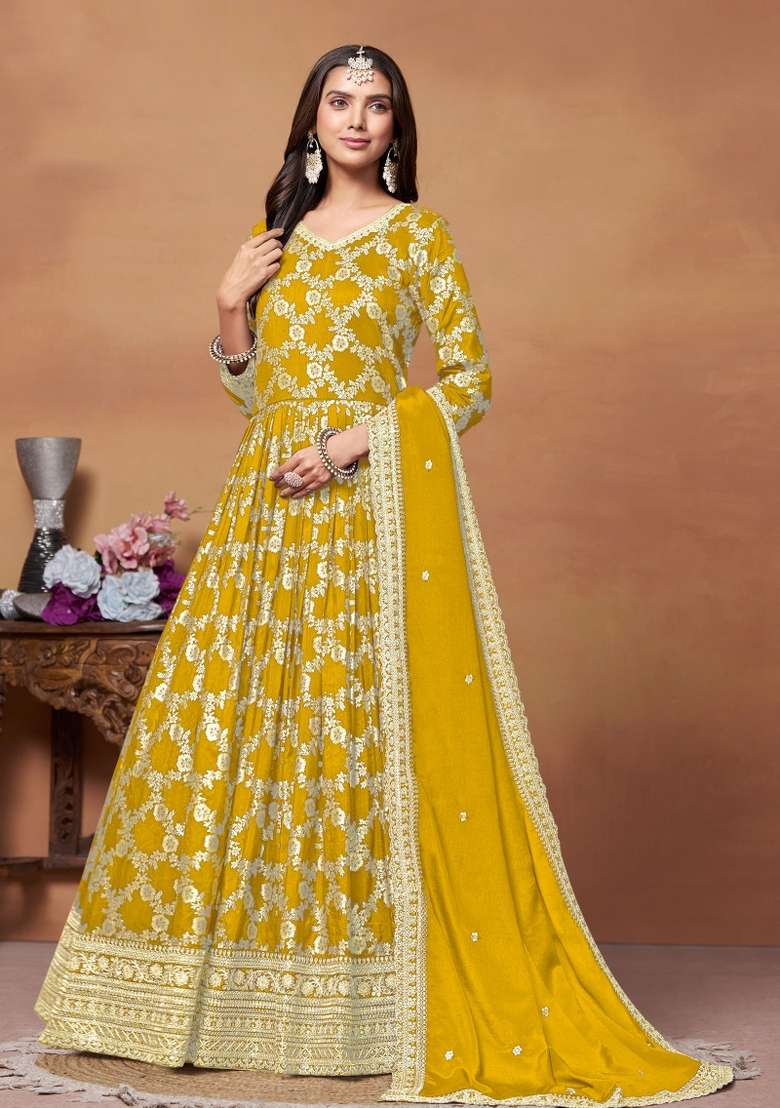 Mustard Yellow Embroidered Jacquard Anarkali With Dupatta With Dupatta - Indya