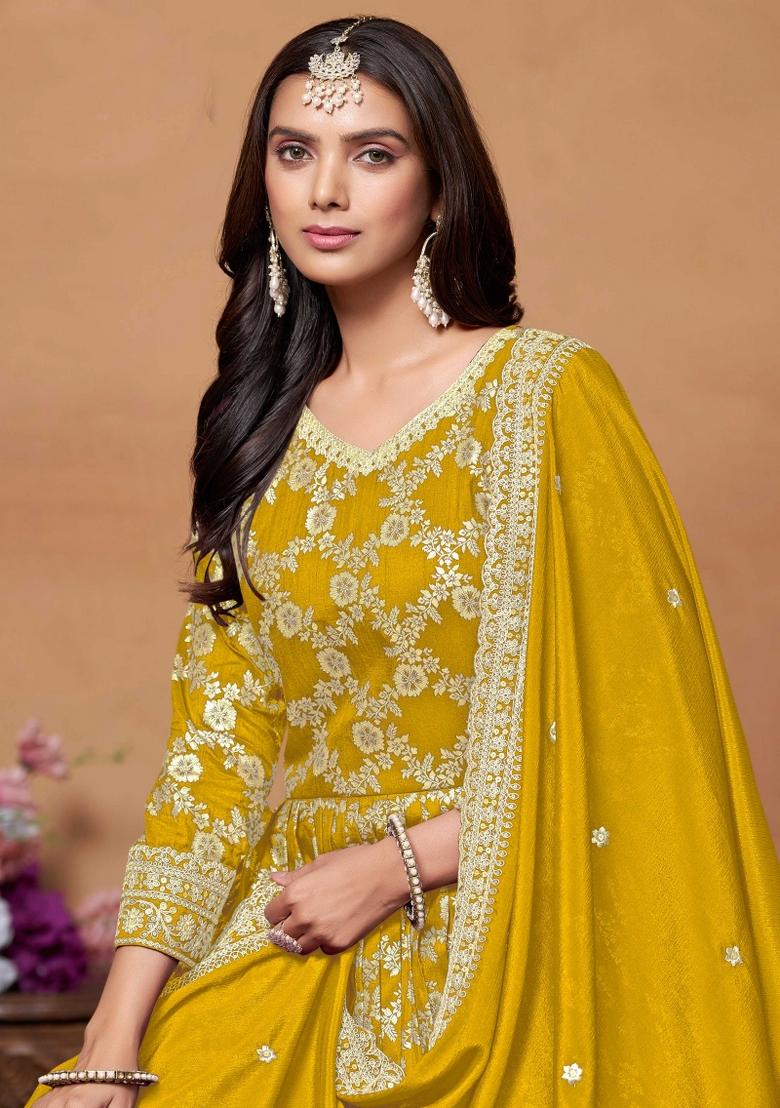 Mustard Yellow Embroidered Jacquard Anarkali Set With Dupatta