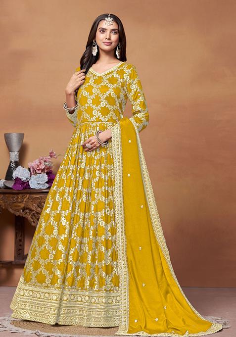 Mustard Yellow Embroidered Jacquard Anarkali Set With Dupatta