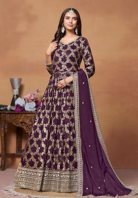 Purple Embroidered Jacquard Anarkali Set With Dupatta