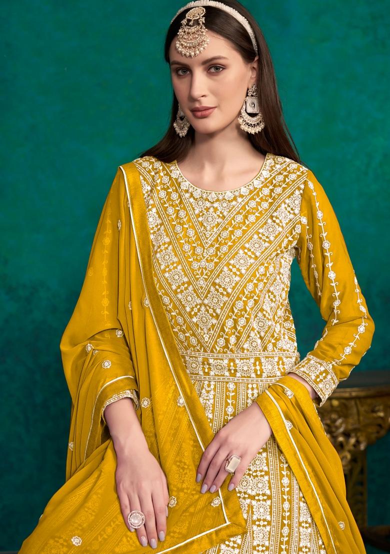 Mustard Yellow Embroidered Georgette Anarkali Set With Dupatta
