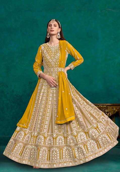 Mustard Yellow Embroidered Georgette Anarkali Set With Dupatta