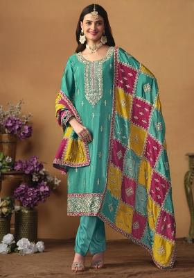 Sky Blue Embroidered Art Silk Salwar Kameez with Dupatta