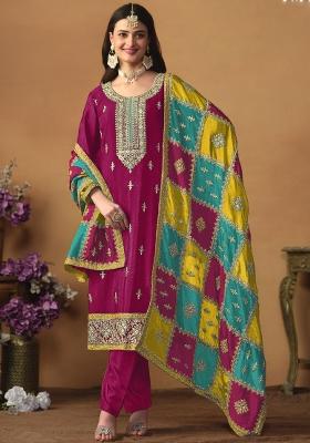Rani Pink Embroidered Art Silk Salwar Kameez with Dupatta