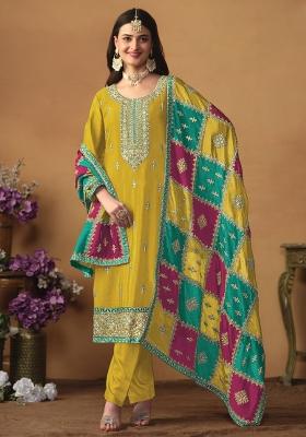 Yellow Embroidered Art Silk Salwar Kameez with Dupatta