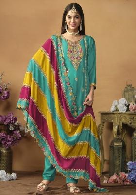 Sky Blue Embroidered Art Silk Salwar Kameez with Dupatta