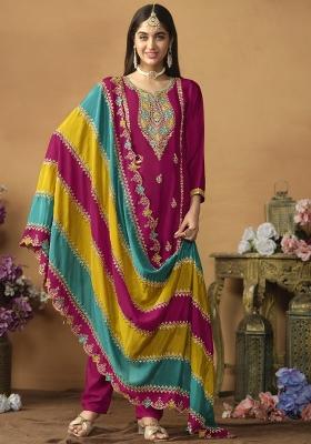 Rani Pink Embroidered Art Silk Salwar Kameez with Dupatta