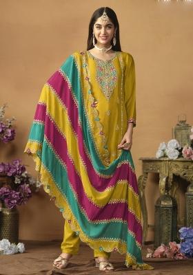 Yellow Embroidered Art Silk Salwar Kameez with Dupatta