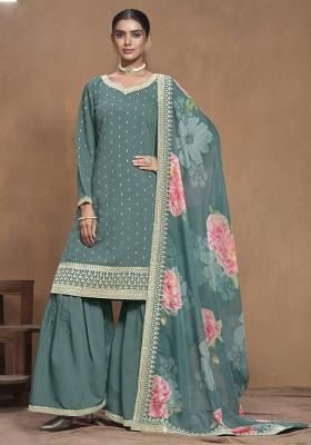 Grey Embroidered Silk Palazzo Set With Dupatta