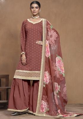 Brown Embroidered Silk Palazzo Set With Dupatta