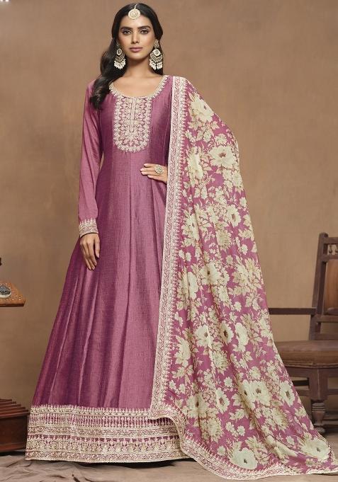 Onion Pink Embroidered Art Silk Anarkali Set With Dupatta