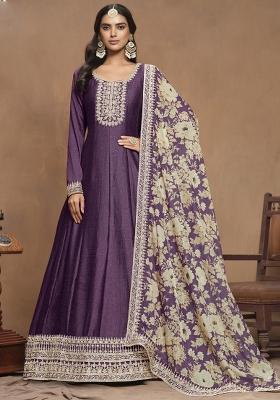 Purple Embroidered Art Silk Anarkali Set With Dupatta