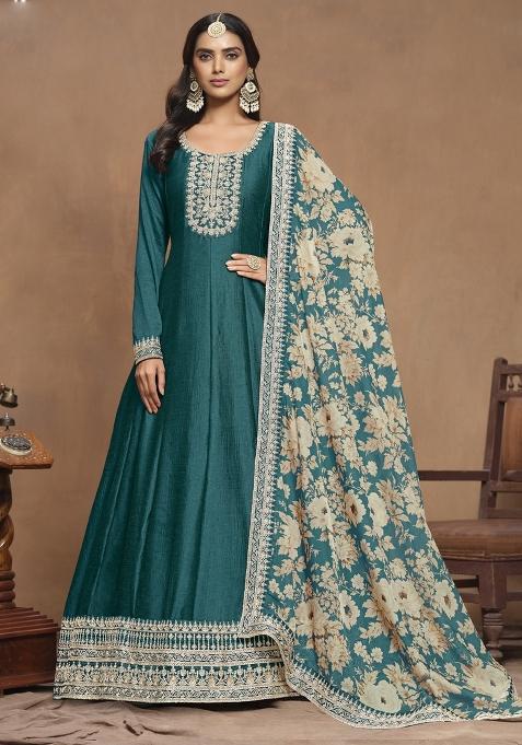 Turquoise Blue Embroidered Art Silk Anarkali Set With Dupatta