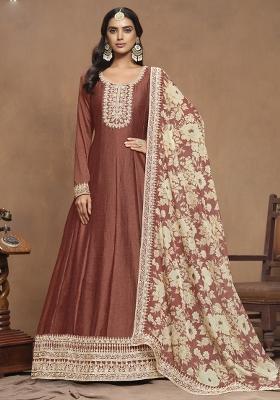 Brown Embroidered Art Silk Anarkali Set With Dupatta