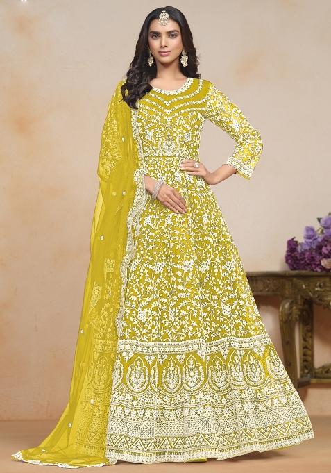 Yellow Embroidered Net Anarkali Set With Dupatta
