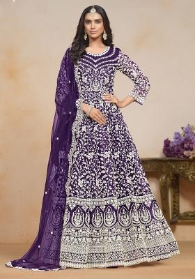 Violet Embroidered Net Anarkali Set With Dupatta