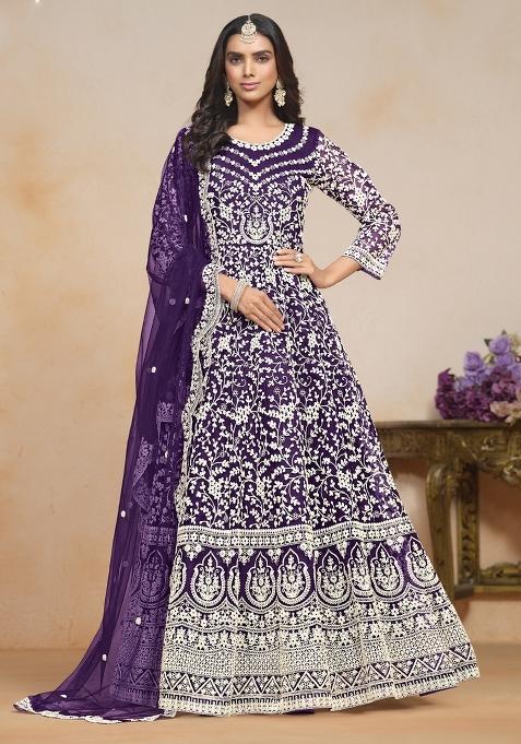 Violet Embroidered Net Anarkali Set With Dupatta