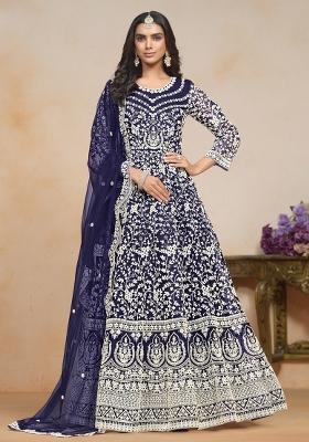 Blue Embroidered Net Anarkali Set With Dupatta