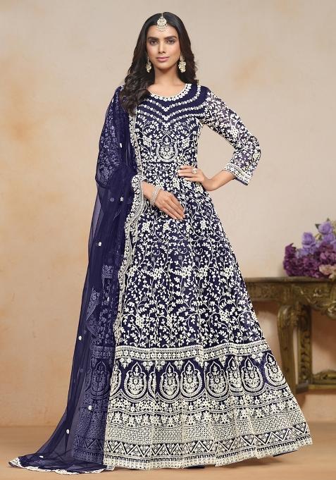 Blue Embroidered Net Anarkali Set With Dupatta