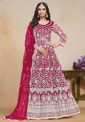Pink Embroidered Net Anarkali Set With Dupatta