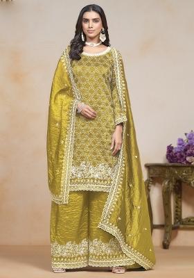 Yellow Embroidered Silk Palazzo Set With Dupatta