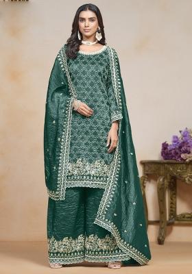 Teal Green Embroidered Silk Palazzo Set With Dupatta