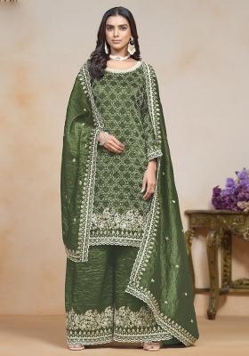 Mehendi Green Embroidered Silk Palazzo Set With Dupatta