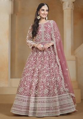 Onion Pink Embroidered Net Anarkali Set With Dupatta