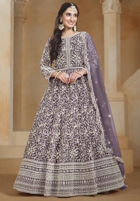Light Purple Embroidered Net Anarkali Set With Dupatta