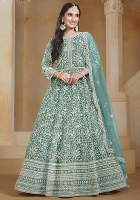 Sea Green Embroidered Net Anarkali Set With Dupatta