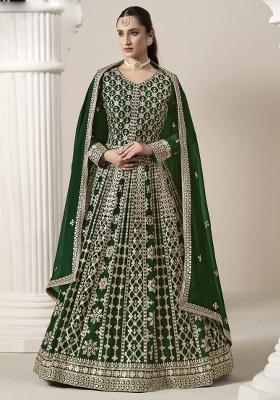 Green Embroidered Net Anarkali Set With Dupatta