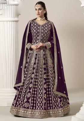 Wine Embroidered Net Anarkali Set With Dupatta