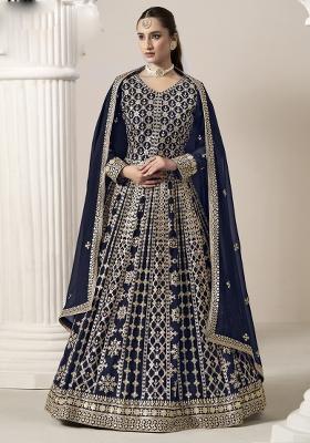 Navy Blue Embroidered Net Anarkali Set With Dupatta