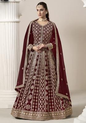 Maroon Embroidered Net Anarkali Set With Dupatta