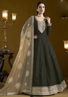 Black Embroidered Silk Anarkali Set With Dupatta