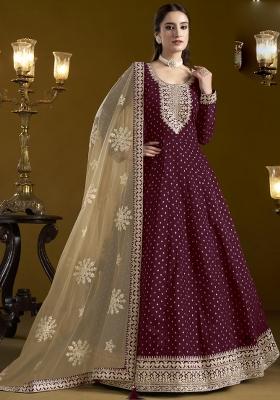 Wine Embroidered Silk Anarkali Set With Dupatta