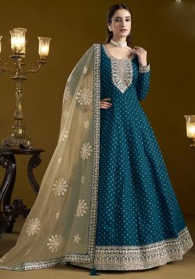 Royal Blue Embroidered Silk Anarkali Set With Dupatta